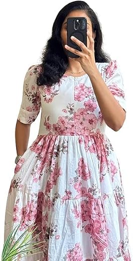 Women's Cotton Blend Maxi Midi Dress Western Dress for Women Elegant Floral Printed Long Dresses