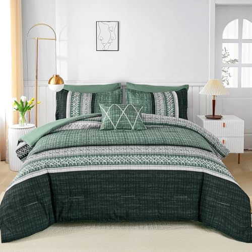 Image of Dintszyayue Green Comforter Set Queen Size, 8 Pieces Boho Striped Bed in a Bag Soft Microfiber Bedding Set for All Season