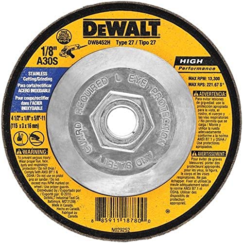 DEWALT DW8452H T27 Stainless Steel Cutting/Grinding Wheel, 5/8-11 Arbor, 4-1/2-Inch by 1/8-Inch