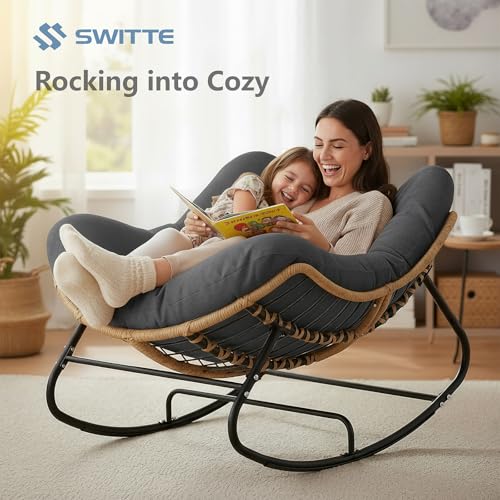 Image of SWITTE Outdoor & Indoor Rocking Chair - Rattan Wicker Lounge Chair, Patio & Garden Comfort - Modern Royal Grey