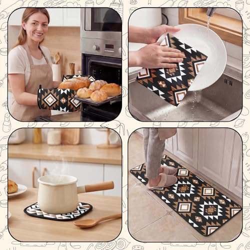 Western Kitchen Decor Set 10 Piece, Aztec Geometric Tribal Pattern Kitchen Rugs, Towels, Oven Mitts and Pot Holders, Modern Boho Native American Style Accessories Set for Home Apartment by Culudea - Image 5
