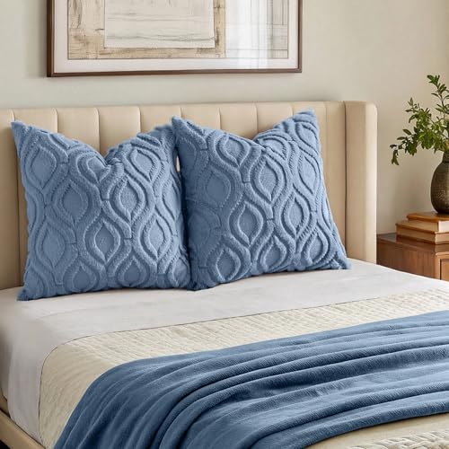Image of decorUhome Fall Throw Pillow Covers 18x18 Inch Set of 2, Soft Plush Faux Wool Dusty Blue Solid Couch Pillow Covers, Accent Farmhouse Neutral Square Pillow Cases for Sofa Bed Living Room