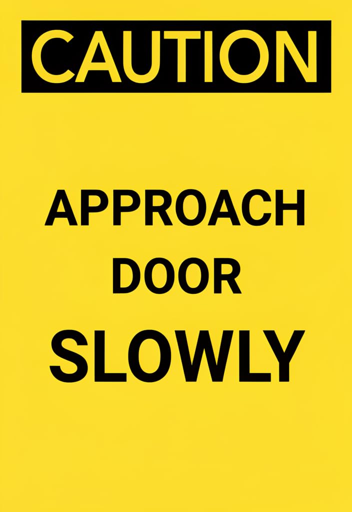peiyeety Caution Approach Door Slowly Tin Sign 12x8 Inch, Yellow & Black Metal Wall Decor Plaque, Funny Warning Sign for Garage, Workshop, Home Office, Man Cave, Shed, Gift Idea