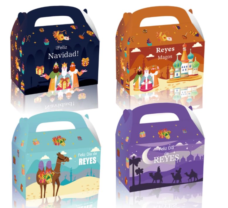 DPKOW Cajas de Regalo con Asa para Navidad y Reyes Magos - 12 Piezas de Cartón, DIY Cajas de Dulces y Chocolate, Suministros para la Fiesta del Día de los Reyes Magos