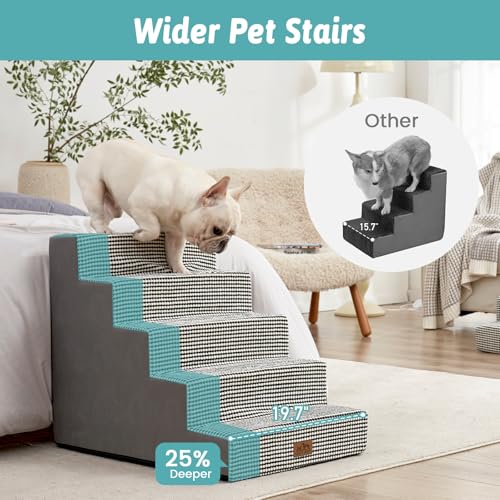Image of COZY KISS Dog Stairs for Small Dogs 5-Step, 19.7 inch Extra Wide Right-Angle Pet Stairs for Couch and Beds, Anti-Slip Dog Steps for Old Cats and Lowrider, 19.7x29.5x23.6 inch, White Black