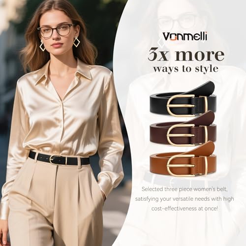 Image of VONMELLI 3 Pack Women's Belts for Jeans Pants Fashion Gold Buckle Ladies Dress Belt