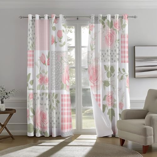 Blackout Curtains Vintage Floral Collage Print, Pink Gray Indoor Eyelet Curtains for Window Décor, W 55" x L 102" (2 Panels) for Living Room Nursery Bedroom Soft Thermal