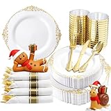 Nervure 350PCS Gold Plastic Plates - Gold Plastic Dinnerware Sets for 50 Guests - 100 Disposable Plates, 150 Silverware, 50 Cups, 50 Napkins for Wedding & Party & Thanksgiving