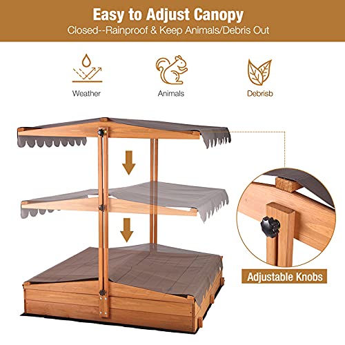 Wooden Cedar Sand Box W Seat, Large Sandbox For Backyard Outdoor Kids Sandpit With Bottom Liner-Adjustable Canopy Shade #TOP2