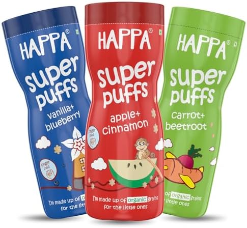 Happa Organic Baby Puffs | Vanilla Blueberry and Carrot Beetroot and Apple Cinnamom Flavour | Made with Organic Ingredients | Melt-in-the-Mouth, Supports Self-Feeding & Baby-Led Weaning | No Artificial Flavours or Colours | Stage 2 (8 Months+) | Pack of 3 (40g Each)