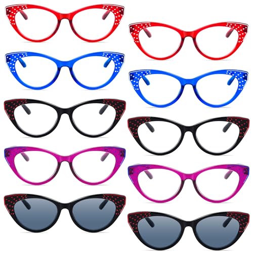 Image of 10 Pack Cat Eye Reading Glasses for Women Bling Design Readers(8 Pairs Reading Glasses & 2 Pairs Full Sunglasses)