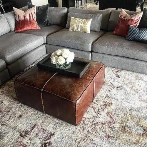 Handmade Unstuffed Genuine Leather Pouf Cover with Crunch Design, Large Square Leather Ottoman, Hassock Footrest Footstool Home & Living Room Decor (40x40x18 Inch, Brown) image 5