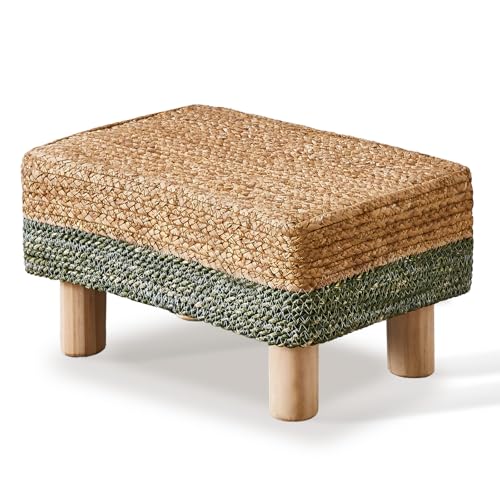 Wimarsbon Natural Seagrass Footstool Ottoman Rectangular Footrest Pouf Ottomans with Wooden Legs Hand Weave Step Stool for Living Room Bedroom Entryway Green