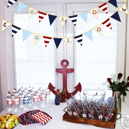 Image of Navy Red Beige Gold Glitter Stamping Paper Pennant Banner Flag Triangle Bunting for Nautical Pirate Ahoy Achor Theme Birthday Baby Shower Wedding Let's Get Nauti Bachelorette Party Decoration Supplies