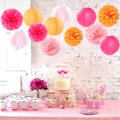Image of Hot-Pink Orange Fall Birthday Party-Decorations - 21pcs Autumn Women Peach Happy Banner,Girls Groovy Paper Streamers Lanterns Honeycomb,Tissue Flowers Pom Poms Fan, Boho Garland Room Decor
