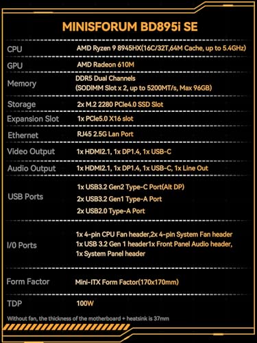Image of MINISFORUM Motherboard BD895i SE Mini ITX NAS Motherboard, AMD Ryzen 9 8945HX,16 C /32 T,PCIe 5.0 x16 Slot, Dual PCIe4.0 M.2 Support, DDR5,8K Triple Output(HDMI /DP /USB-C), RJ45 2.5G, USB 3.2