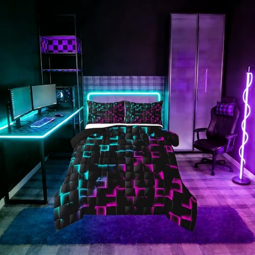 Image of Erosebridal Geometric Checkered Comforter Set Full Neon Teal Purple Bedding Set for Kids Boys Teen Men Gamer Room Decor,Abstract Ombre Plaid Comforter Grids Quilt Duvet Black