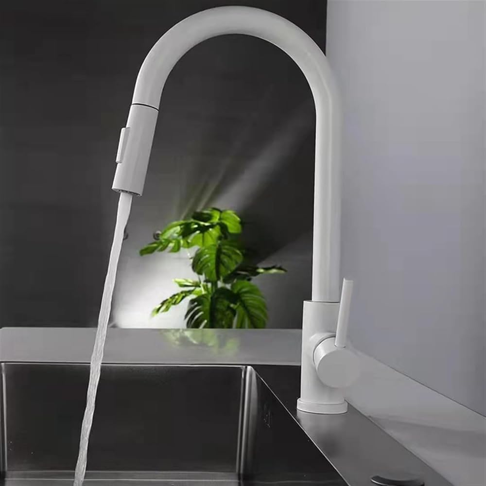 White Stainless Steel Kitchen Pull-Out 360°Rotating Hot Cold Mixing Single Handle Hole Faucet for Home RV Hotel