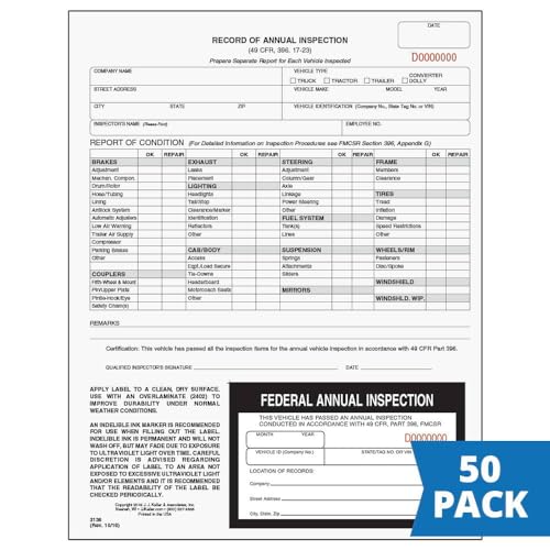J. J. Keller 50-Pack, Record of Annual Inspection Form with Inspection Label, 2-Ply Carbonless Form, DOT Compliant