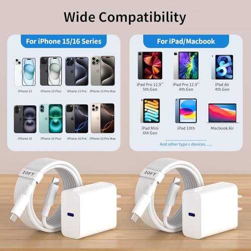 Image of iPhone 17 Charger 2 Pack 20W USB C Wall Charger Block + 10FT Long USB Type C Fast Charge Cable Cord Kit for Apple iPhone 17 Air 16 Pro 16 Pro Max 16 Plus 15 Series, iPad Pro /Air