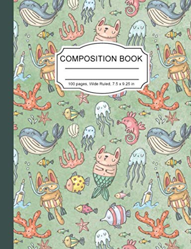 Composition Book: Mermaid Cats And Scuba Divers Wide Ruled Paper Lined Notebook Journal For Teens Kids Students Back To School Women Cat Lovers 7.44 x