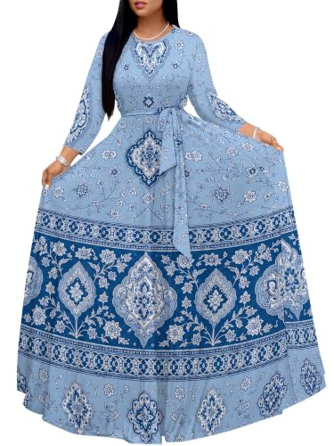 Image of Women Plus Size Long Sleeve V Neck Maxi Dress with Belt | Soft fabric relaxed fit three quarter sleeve v neck with pockets for party and daily wear
