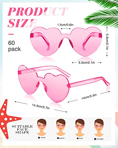 Cindeer 60 Pairs Heart Sunglasses Frameless Heart Shaped Sunglasses Bulk Transparent Candy Color Trendy Fun Rimless Glasses for Women Party Favor, 30 Colors2