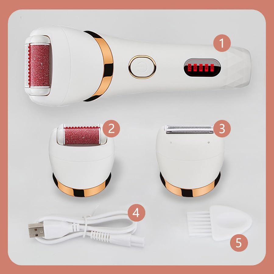 GERTZY M-6008 product components including main unit, shaver head, callus remover head, USB charging cable, and cleaning brush.