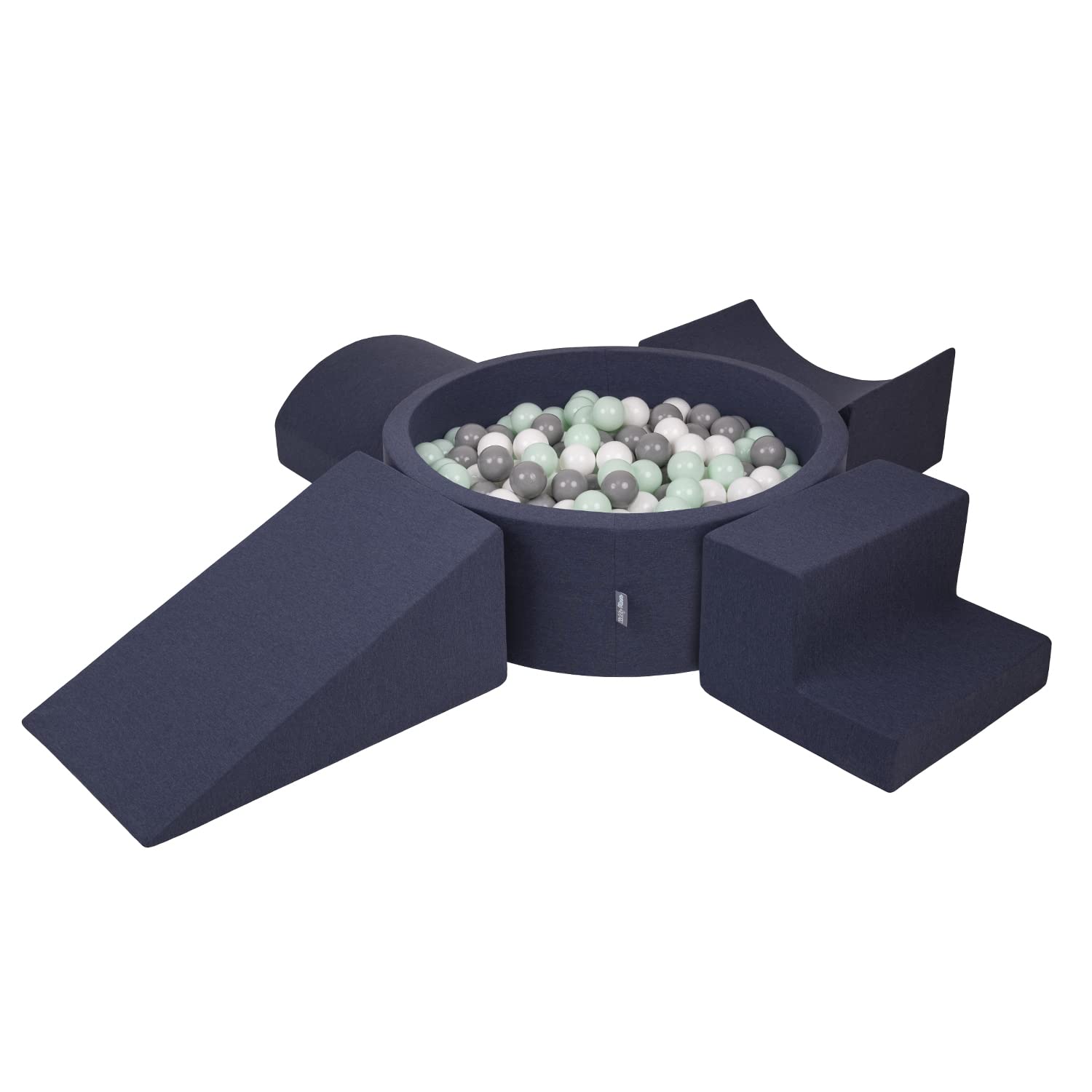 KiddyMoon Foam Playground For Kids With Round Ballpit (200 Balls ∅ 7Cm/2.75In) Soft Obstacles Course And Ball Pool, Made In The EU, Darkblue:White/Grey/Mint