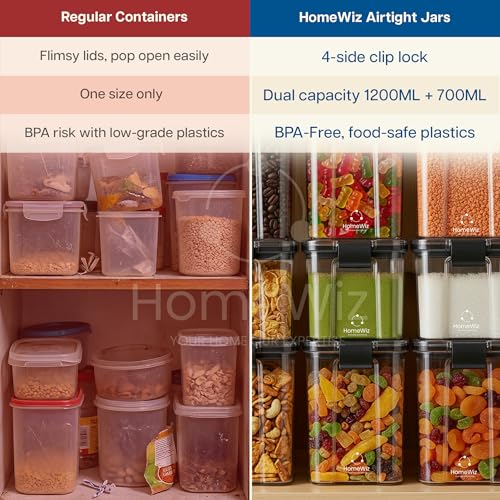 Image of HomeWiz Airtight Kitchen Storage Box Pack of 8 | 1200ml x4 & 700ml x4 | Containers For Kitchen Storage Set |Food Grade BPA-Free Kitchen Containers Set With 2 Side Clip-Lock|Stackable - Pantry & Fridge