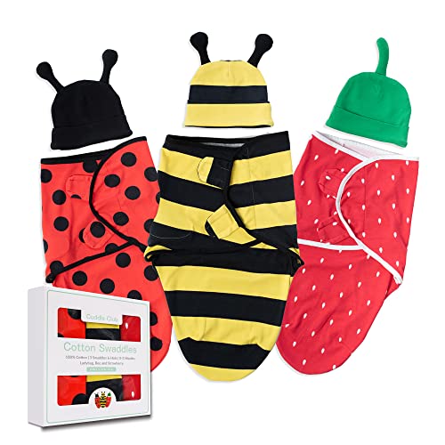 Image of Cuddle Club Baby Swaddle | 100% Cotton Adjustable Hook-and-Loop Fastener Newborn Blanket Wrap - with Novelty Hat Beanie