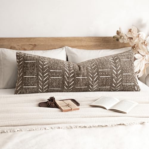 Image of Foindtower Set of 1 Decorative Chenille Jacquard Throw Pillow Cover Textured Farmhouse Body Cushion Covers Modern Coastal Boho Home Decor for Sofa Chair Couch Bed Living Room,14x36 Inch,Cocoa Brown