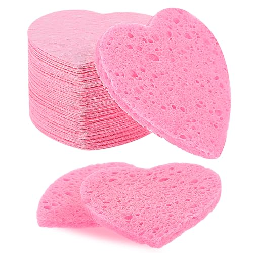 55 Pieces Pink Facial Sponges for Estheticians Compressed Heart Face Sponges Natural Reusable Heart Shaped Sponges for Face Cleansing and Exfoliating Heart Sponges for Daily Cleansing Makeup Removal