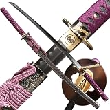 Handmade Katana Sword Clay Tempered T10 Steel Blade Full Tang Japanese Samurai Sword for Home Protection Collection and Gift (Purple Handle)