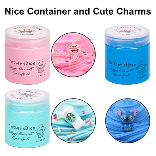 Image of Tonlead 3 Pack Butter Slime Kit, Slime Pack With Shark Slime Latte Slime Stitch Slime, Soft Putty Non-Sticky Sludge Toys, Birthday Kids Party Favors For Girls Boys(100Ml Each*3)