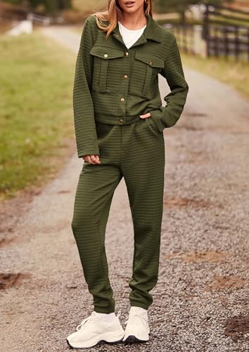 Image of PRETTYGARDEN Womens Two Piece Sets Fall 2026 Long Sleeve Button Down Shacket Jacket Long Sweatpants Tracksuit Winter Clothes