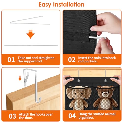 SpaceHacks Stuffed Animal Storage - Large Over the Door Organizer with 6 Expandable Mesh Pockets & Metal Hooks, Non-Woven Fabric Hanging Plush Items Holder for Nursery, Bedroom, Playroom (Black) — view 6