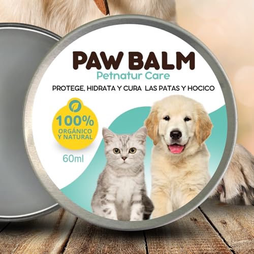 Balsamo Protector de Patas de Perro y Gatos Petnatur Care Paw Balm - 100% orgánico y Natural. - Cura, repara hidrata, nutre y Protege Las Patas y Nariz agrietadas y secas - 60ml