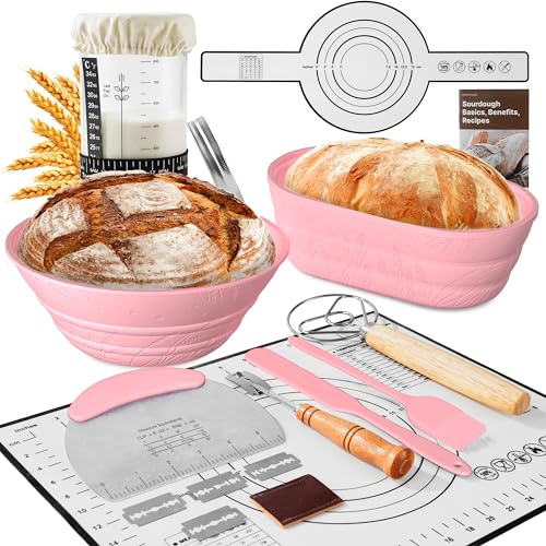 BICRET Juego de 15 accesorios para hornear pan con cesta de fermentación de trigo, cristal de fermentación, termómetro, cesta de fermentación, juego de silicona, cuchillo de masa, regalo para