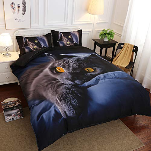 Erosebridal Parure de lit double motif chat noir 3D pour enfants avec housse de couette imprimée d'animaux marins mignons décoratifs 3 pièces pour adolescentes, filles, garçons et enfants Cover