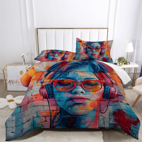 XIICOO Set Piumino Musica Vibrante Musica Per DJ Set Di Biancheria Da Letto Modello Di Cuffie Musicali | 1 Piumone + 2 Federe (3Pcs) O Lenzuolo Con Angoli (4Pcs) (C,MATRIMONIALE-4PCS)