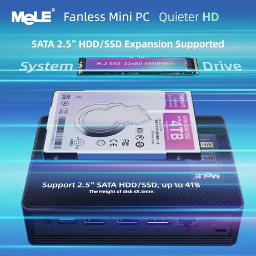 Image of MeLE Mini PC Quieter HD33, Fanless PC N150 16GB 512GB, Triple 4K Display