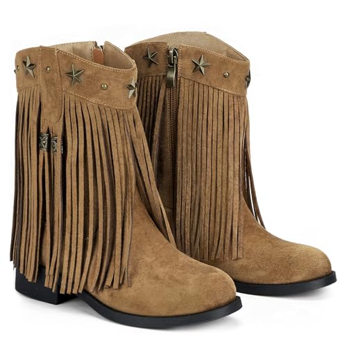 Choiran Girls Cowgirl Boots with Fringe - Western Cowboy Boots for Girls Toddler Little Big Kids Non-Slip Round Toe Side Zipper Faux Suede Tassel Star Studs Boho Shoes for Daily Birthday