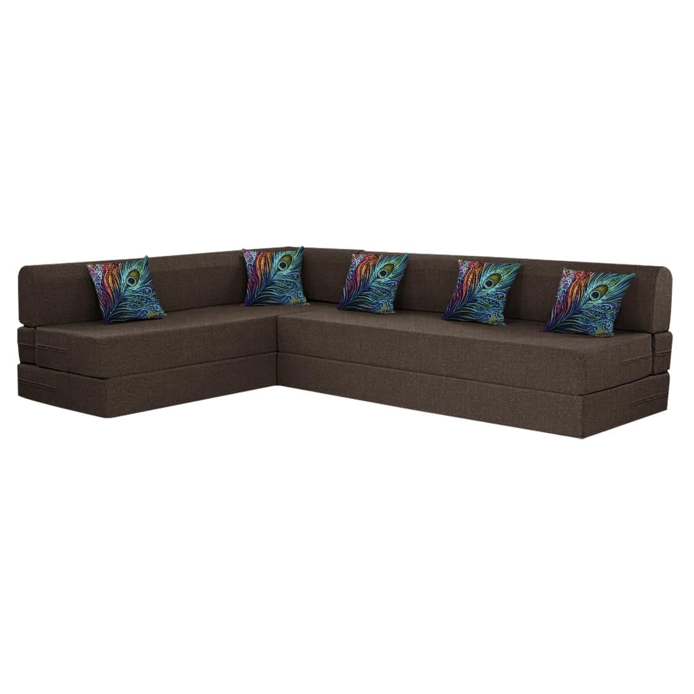 Toronto L-Shape Sofa Cum Bed | Three Seater + Three Seater | with 5 Printed Cushion Jute Fabric - Lightweight, Washable Cover- (Brown - Color) (B0DB4T6ZKX) Amazon Price History, Amazon Price Tracker