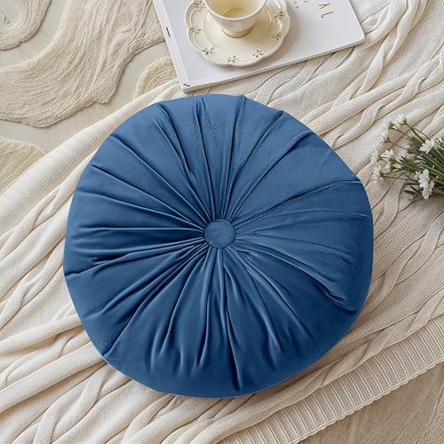 Image of Hand Made Decorative Velvet Round Shape Cushions | Throw Pillows - Pack of 1 (Blue)