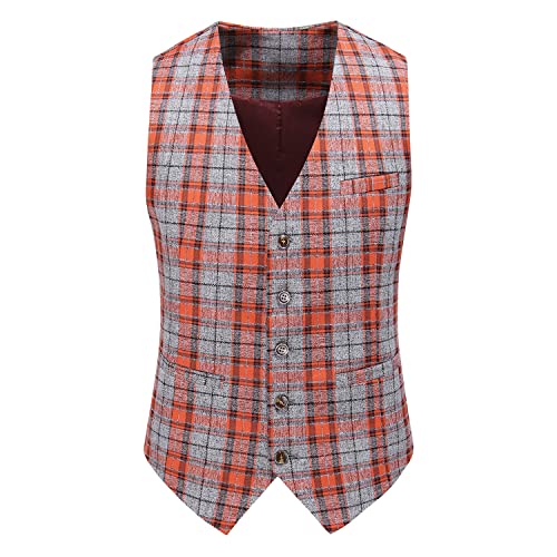 UNINUKOO Mens Suit Slim Fit 3 Piece Plaid Checked Tuxedo Formal Business Wedding Suits for Men US Size 42 Orange3