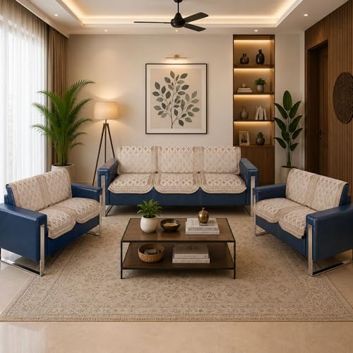 Image of Premium Chenille Woven Anti-Slip 7 Seater Sofa Cover | L-Shape Sofa Seat Protector for Living Room | Durable & Stylish Slipcover - Beige Floral