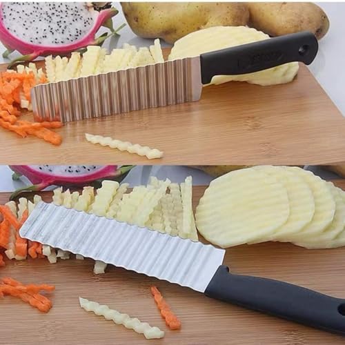 Image of Stainless Steel Potato Cutter Crinkle Chopper - French Fries, Chips, and Vegetable Cutter with Nylon Handle - Wave Cutting Knife for Carrots, Salad, and More (1 Piece)