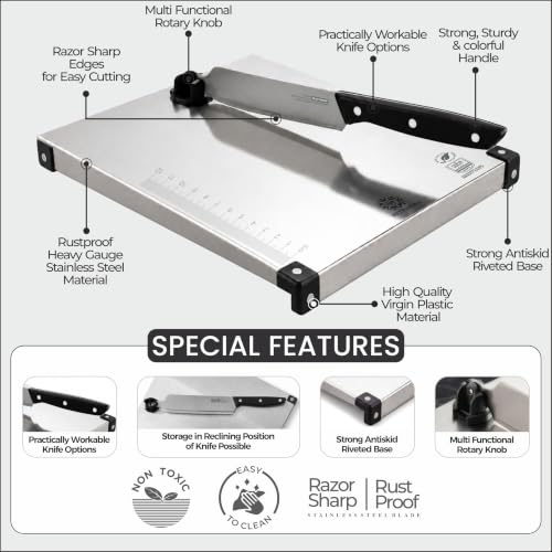 Image of Heavy Duty Stainless Steel Chopping Board with Attached Knife Set - Non-Slip Vegetable & Fruit Cutting Board, Rustproof & Dishwasher Safe Board for Kitchen (Square Counter top)