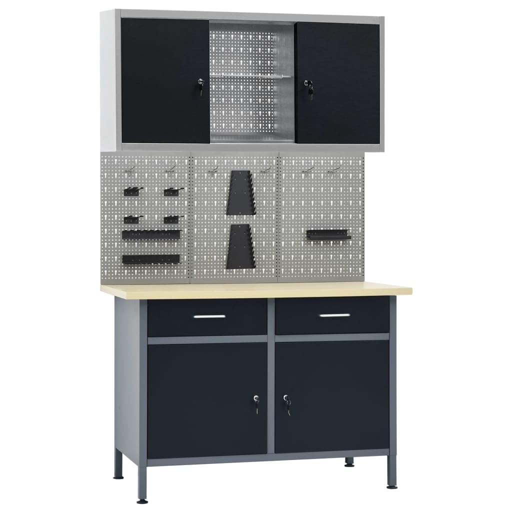 Banco da lavoro con 3 pareti per attrezzi, 1 armadio da parete, in acciaio e piano in legno, 120 x 60 x 85 cm, portata 500 kg, cassetto regolabile in altezza, per officina, garage, cantina